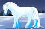  2023 animal_genitalia blue_eyes digital_media_(artwork) draft_horse equid equine feathering feral fluffymare fur genitals hair hi_res hooves horse looking_at_viewer male mammal multicolored_body multicolored_hair night plant sheath simple_background sky snow solo star starry_sky tree two_tone_body two_tone_hair two_tone_tail vetrhestr_(wasen) 
