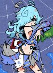  1girl acronym ahoge armpit_crease arms_up bare_shoulders blue_eyes blue_hair bright_pupils closed_mouth cloud cloud_over_head cowboy_shot cropped_shirt crossed_arms extra_eyes hair_over_one_eye half-closed_eyes highres japan leaning_on_object light_frown long_hair long_sleeves looking_at_viewer map midriff navel off-shoulder_shirt off_shoulder original pleated_skirt rain raised_eyebrows rumford shirt skirt solo umbrella_print weather weathergirl white_pupils yellow_nails 