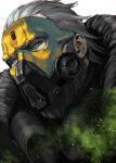  1boy apex_legends beard black_jacket blackheart_caustic caustic_(apex_legends) daichi_midori facial_hair from_below fur_trim gas gas_mask green_eyes grey_hair hair_behind_ear hair_slicked_back jacket looking_at_viewer looking_down male_focus mask official_alternate_costume portrait solo white_background 