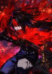  1boy black_hair clawed_gauntlets cloak final_fantasy final_fantasy_vii frown gauntlets gloves gun hungry_clicker keychain leather looking_to_the_side messy_hair pale_skin red_eyes revolver torn_clothes vincent_valentine weapon 
