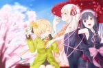  3girls bare_shoulders black_hair blonde_hair bow cardigan cherry_blossoms chewing cup dango detached_sleeves fingerless_gloves food gloves green_cardigan hair_ornament hairband highres holding holding_cup holding_food inaba_gou japanese_clothes kamewaritou long_hair low_ponytail multicolored_hair multiple_girls oil-paper_umbrella open_mouth pink_bow sailor_collar shi0n_krbn sitting sitting_on_bench skirt sleeveless suishinshi_masahide_(tenka_hyakken) tenka_hyakken umbrella wagashi 