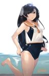  1girl bare_legs barefoot black_eyes black_hair black_one-piece_swimsuit collarbone fuwafuwatoufu headgear highres i-400_(kancolle) kantai_collection long_hair one-hour_drawing_challenge one-piece_swimsuit orange_sailor_collar parted_lips sailor_collar sailor_shirt shirt sleeveless sleeveless_shirt solo swimsuit swimsuit_under_clothes twitter_username white_shirt 