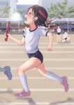  1girl bandana baton braid brown_hair buruma glasses gym_uniform highres original red_bandana relay_baton relay_race sports_festival sweat twin_braids twintails yappariga 