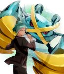  1boy alternate_color black_pants blue_eyes blue_hair chiriko_(sugar_vine) closed_mouth collared_shirt grey_hair hand_up holding holding_spoon jacket jewelry long_sleeves looking_at_viewer mega_evolution mega_evolution_symbol mega_metagross mega_pokemon metagross pants pokemon pokemon_(creature) pokemon_(game) pokemon_oras ring shiny_pokemon shirt shoes short_hair spoon standing steven_stone 