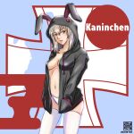  1girl animal_hood artist_logo bangs black_jacket blue_eyes breasts chinese_zodiac commentary cowboy_shot cross dated drawstring egasumi girls_und_panzer grey_hair hands_in_pockets happy_new_year hood hooded_jacket iron_cross itsumi_erika jacket looking_at_viewer medium_breasts medium_hair navel nengajou new_year nishi_itsumi no_bra no_shirt open_clothes open_jacket open_mouth panties rabbit_hood solo standing thighhighs translated underwear white_panties white_thighhighs year_of_the_rabbit 