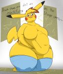  anthro areola belly big_belly big_breasts blush breasts brown_eyes dialogue female generation_1_pokemon hand_on_stomach huge_breasts huge_thighs hyper hyper_thighs kneeling navel nintendo nipples overweight overweight_anthro overweight_female pikachu pokemon pokemon_(species) smile solo text thatoneaceguy thick_thighs whitney_(thatoneaceguy) wide_hips 