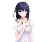  bangs bare_shoulders black_eyes black_hair bow commentary_request dress hair_between_eyes hand_on_own_chest highres kuonji_alice ky1203 lingerie looking_at_viewer mahou_tsukai_no_yoru navel underwear white_background white_bow white_dress 