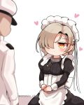  1boy 1girl apron azur_lane blonde_hair blush breasts collar commander_(azur_lane) cross dress frilled_apron frilled_dress frills hair_over_one_eye hat heart maid_apron maid_headdress medium_breasts metal_collar military military_hat military_uniform nanashino_kihei naval_uniform sheffield_(azur_lane) two-tone_dress uniform waist_apron yellow_eyes 