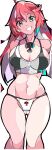 1girl absurdres ankh ankh_necklace ass_visible_through_thighs breasts collarbone enpe green_eyes guilty_gear head_tilt highres jack-o&#039;_valentine large_breasts looking_at_viewer multicolored_hair navel panties red_hair smile solo sports_bra teeth thick_thighs thighs two-tone_hair underwear upper_body white_background white_hair 