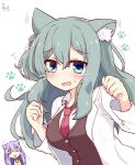  2girls animal_ear_fluff animal_ears aqua_eyes aqua_hair bangs blush bow bowtie breasts cat_ears chibi closed_eyes commentary_request drawn_whiskers hair_between_eyes hakutocake hands_up highres ise_kotori labcoat large_breasts light_purple_hair long_hair looking_at_viewer motion_lines multiple_girls necktie open_mouth paw_pose paw_print paw_print_background red_bow red_bowtie red_necktie riddle_joker school_uniform shikibu_mayu shirt signature simple_background smile sweatdrop upper_body wavy_hair white_background white_shirt yuzu-soft 