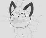  2023 arteficialtrees blush bodily_fluids bow_ribbon coin eyebrows eyelashes fangs female feral generation_1_pokemon grey_background greyscale looking_down meowth meowzie monochrome nintendo noseless open_mouth pokemon pokemon_(species) shaded simple_background sketch solo sweat teeth tongue whiskers 