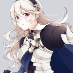  1girl armor armored_dress bangs black_dress black_hairband blue_cape breastplate cape closed_mouth commentary_request corrin_(female)_(fire_emblem) corrin_(fire_emblem) dress fire_emblem fire_emblem_fates grey_background grey_hair hair_between_eyes hairband highres juliet_sleeves long_hair long_sleeves looking_at_viewer pointy_ears puffy_sleeves red_eyes shirokuroma_29 simple_background solo twitter_username wavy_hair 