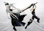  2boys aiz00 armor baggy_pants bandaged_arm bandages bangs battle belt black_footwear black_gloves black_jacket black_pants black_shirt blonde_hair buster_sword cloud_strife fighting_stance final_fantasy final_fantasy_vii final_fantasy_vii_remake full_body gloves grey_hair hair_between_eyes highres holding holding_sword holding_weapon jacket long_bangs long_hair long_jacket male_focus masamune_(ff7) multiple_belts multiple_boys pants parted_bangs sephiroth shirt short_hair shoulder_armor single_bare_shoulder sleeveless sleeveless_turtleneck spiked_hair suspenders sword toned toned_male turtleneck twitter_username very_long_hair weapon 