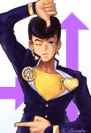  1boy arrow_(symbol) commentary diamond_wa_kudakenai earrings english_commentary frown gakuran heart higashikata_josuke highres jewelry jojo_no_kimyou_na_bouken jojo_pose male_focus one_eye_closed peace_symbol pompadour purple_eyes purple_hair raised_eyebrow school_uniform signature snoozincopter solo stud_earrings twitter_username upper_body zipper 