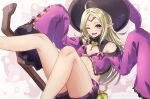  blonde_hair breasts brooch broom broom_riding cleavage fang feet_out_of_frame fire_emblem fire_emblem_awakening fire_emblem_heroes hat heart_brooch highres jewelry lantern legs_up long_hair long_sleeves looking_at_viewer lower_teeth_only nowi_(fire_emblem) nowi_(halloween)_(fire_emblem) one_eye_closed open_mouth pointy_ears reia_hana skin_fang sleeves_past_fingers sleeves_past_wrists small_breasts smile solo teeth thighs witch witch_hat 