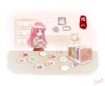  1girl artist_request bangs blush brown_eyes cat chinese_commentary commentary_request copyright_name day head_steam holding holding_spoon indoors long_hair looking_at_animal momo_(miracle_nikki) nikki_(miracle_nikki) official_art open_mouth picture_(object) pink_hair plate red_skirt shining_nikki skirt spoon sweater table wall wardrobe white_cat yellow_cloak 