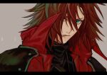  1boy absurdres aqua_eyes armor black_shirt brown_hair closed_mouth crisis_core_final_fantasy_vii final_fantasy final_fantasy_vii genesis_rhapsodos grey_background hair_between_eyes hair_over_one_eye highres jacket letterboxed looking_at_viewer male_focus medium_hair popped_collar red_jacket roku_(gansuns) shirt shoulder_armor solo turtleneck twitter_username upper_body 