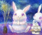  :3 animal animal_focus artist_name clip_studio_paint_(medium) commentary dango eating food grass holding looking_at_another mochi night ninjya_palette no_humans open_mouth original outdoors pink_eyes plant potted_plant rabbit sanbou sitting sky star_(sky) starry_sky tsukimi tsukimi_dango wagashi whiskers 