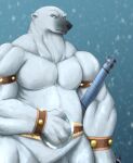  2022 absurd_res anthro bashmaster_the_unbreakable bear belt biceps big_muscles biped chibikoma digital_drawing_(artwork) digital_media_(artwork) donkey_kong_country_tropical_freeze half-length_portrait hi_res looking_at_viewer male mammal musclegut muscular muscular_anthro muscular_male pecs polar_bear portrait snow snowing solo ursine weapon 