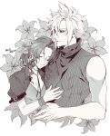  1boy 1girl aerith_gainsborough artist_name bangle bangs bare_arms bare_shoulders bracelet braid braided_ponytail breasts choker cleavage closed_eyes cloud_strife cog_hal couple cropped_jacket dated dress final_fantasy final_fantasy_vii final_fantasy_vii_remake flower flower_choker greyscale hair_between_eyes hair_ribbon hand_on_another&#039;s_chest jewelry lily_(flower) long_hair medium_breasts monochrome parted_bangs ribbon short_hair short_sleeves sidelocks sleeveless sleeveless_turtleneck smile spiked_hair toned toned_male turtleneck upper_body wavy_hair 