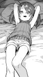  1girl absurdres armpits arms_behind_head bush commentary_request greyscale hair_between_eyes hair_ornament hairclip highres looking_at_viewer lying monochrome on_back open_mouth original pillow short_hair shorts sleeveless sleeveless_sweater solo sweater teeth thighs twintails upper_teeth_only yamamoto_souichirou 