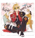  1boy animal bangs bird black_gloves blonde_hair boots cat clothed_animal deka_gensin dog dog_tags fake_horns fingerless_gloves flower genshin_impact gloves green_eyes hair_between_eyes happy_birthday headband highres horned_headwear horns japanese_clothes knee_boots long_hair male_focus open_mouth ponytail red_ribbon ribbon sitting tassel teeth thoma_(genshin_impact) upper_teeth_only white_flower 