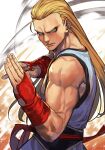  1boy andy_bogard bare_shoulders biceps blonde_hair blue_eyes closed_mouth dougi fatal_fury fighting_stance furrowed_brow gloves hair_slicked_back hungry_clicker long_hair male_focus martial_arts_belt muscular muscular_male pants red_gloves shirt sleeveless sleeveless_shirt solo the_king_of_fighters white_pants white_shirt 