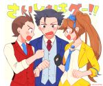  1girl 2boys ace_attorney antenna_hair apollo_justice athena_cykes black_hair blue_eyes blue_jacket blue_necktie bracelet brown_eyes brown_hair collared_shirt cropped_jacket formal gloves hair_ribbon jacket jewelry long_hair long_sleeves mai8484 multiple_boys necklace necktie open_mouth orange_hair partially_fingerless_gloves phoenix_wright phoenix_wright:_ace_attorney_-_dual_destinies ponytail red_necktie red_vest ribbon rock_paper_scissors shirt short_hair side_ponytail single_glove smile spiked_hair suit vest white_shirt yellow_jacket 