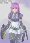  1girl absurdres belt blade character_name commentary_request crossover english_text gloves highres long_hair looking_at_viewer machinery mutant nei original phantasy_star phantasy_star_ii phantasy_star_online purple_hair redesign roma_no_fuhiga science_fiction sega solo weapon 