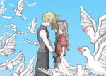  1boy 1girl aerith_gainsborough bangs belt bird black_gloves black_pants blonde_hair blue_shirt blue_sky blurry blurry_foreground braid braided_ponytail closed_eyes cloud_strife cowboy_shot dress final_fantasy final_fantasy_vii final_fantasy_vii_remake flock forehead-to-forehead gloves hair_ribbon heads_together highres holding_another&#039;s_wrist jacket long_hair multiple_belts pants parted_bangs pink_dress pink_ribbon red_jacket ribbon shirt short_hair short_sleeves sidelocks single_bare_shoulder sky sleeveless sleeveless_turtleneck souse_me spiked_hair suspenders turtleneck white_bird 