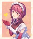  1girl apron bangs bare_shoulders blunt_bangs brown_ribbon elbow_gloves frills gloves hand_up heart japanese_clothes looking_at_viewer low_twintails maid_apron maid_headdress okanoyuno purple_eyes purple_hair ribbon short_hair tenka_hyakken twintails wa_maid 