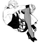  1boy cross-laced_clothes cross-laced_dress crossdressing dio_brando dress full_body high_heels huang_lia jewelry jojo_no_kimyou_na_bouken long_hair looking_at_viewer male_focus monochrome muscular muscular_male necklace pearl_necklace pectorals sitting solo stardust_crusaders thighhighs vampire 