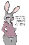 blush bottomless clothed clothing disney female fluffytuft hi_res hoodie hoodie_only judy_hopps lagomorph leporid looking_at_viewer mammal rabbit smile solo text thick_thighs topwear topwear_only zootopia 