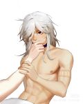  2boys biting cyno_(genshin_impact) dark-skinned_male dark_skin finger_biting genshin_impact hair_between_eyes hair_over_one_eye highres huahua123569 long_hair male_focus multiple_boys navel nipples red_eyes tighnari_(genshin_impact) topless_male white_hair yaoi 