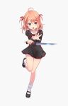  1girl ahegao black_dress dress frown gotou_toushirou_(tenka_hyakken) hair_ornament hairclip hands_up loafers okanoyuno open_mouth orange_hair purple_eyes red_ribbon reverse_grip ribbon sailor_collar shoes short_hair skirt socks standing standing_on_one_leg tenka_hyakken white_background white_socks 