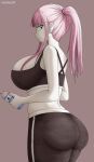  1girl ass ass_focus black_eyes blossom_hope bottle breasts colored_skin highres hime_cut huge_ass huge_breasts kawakami_sakura large_breasts looking_at_viewer looking_back pale_skin pants pink_hair ponytail self_upload solo sports_bra thick_thighs thighs water_bottle white_skin woomler yoga_pants 
