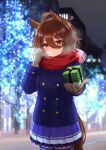  1girl agnes_tachyon_(umamusume) ahoge animal_ears blue_coat blurry blurry_background blush bokeh box breasts breath brown_gloves brown_hair buttons closed_mouth coat cowboy_shot depth_of_field double-breasted earrings emil1030_blue gift gift_box glint gloves hair_between_eyes highres holding holding_gift horse_ears horse_girl horse_tail jewelry long_sleeves looking_at_viewer medium_hair outdoors pleated_skirt purple_skirt reaching_towards_viewer scarf single_earring skirt small_breasts smile solo standing tail tree twitter_username umamusume 