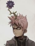  1boy commentary crown english_commentary flower flower_on_head frown furrowed_brow highres hood hoodie looking_to_the_side male_focus original pink_hair plant portrait signature snoozincopter solo twitter_username vines 