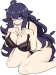  1girl @_@ ahoge alternate_breast_size bags_under_eyes bangs bellupup black_nails blush bra breasts hair_between_eyes hex_maniac_(pokemon) highres large_breasts long_hair messy_hair nail_polish open_mouth panties pokemon pokemon_(game) pokemon_xy purple_eyes purple_hair simple_background solo underwear very_long_hair 