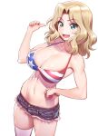  1girl american_flag_bikini bikini blonde_hair blue_eyes blush breasts cleavage collarbone flag_print girls_und_panzer hand_on_hip highres kay_(girls_und_panzer) large_breasts looking_at_viewer medium_hair minazuki_juuzou open_mouth pointing pointing_at_self short_sleeves simple_background solo swimsuit thighhighs white_background 