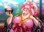  1girl big_nose blurry blurry_background bowl charlotte_linlin depth_of_field english_text fat hair_ornament holding holding_bowl japanese_clothes jewelry looking_at_viewer obese old old_woman one_piece open_mouth pink_eyes pink_hair ring teeth youkan_(tako) 