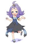  1girl :d acerola_(pokemon) armlet blue_eyes blush creatures_(company) dated dress elite_four flipped_hair full_body game_freak holding holding_poke_ball kanya_pyi leg_up nintendo open_mouth poke_ball pokemon pokemon_(game) pokemon_sm purple_hair sandals short_hair simple_background smile solo standing standing_on_one_leg stitches topknot torn_clothes torn_dress trial_captain ultra_ball white_background 