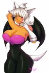  big_breasts blush breasts chiropteran cleavage clothed clothing gloves hair humanoid looking_at_viewer mammal pinkkoffin rouge_the_bat rubber simple_background smile snaggletooth sonic_(series) white_hair wide_hips wings 