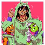  +++ 1girl 2boys bah_(dragon_ball) bah_(dragon_ball)_(cosplay) black_eyes black_hair border broly_(dragon_ball_super) cheelai clenched_teeth commentary_request cosplay dragon_ball dragon_ball_super_broly fingernails gloves green_hat green_jacket grin hat height_difference hood hood_down hood_up hooded_jacket jacket lemo_(dragon_ball) looking_at_another looking_up multiple_boys open_mouth pink_background pointing pointing_at_self profile purple_eyes scar sharp_teeth signature simple_background sleeveless sleeveless_jacket smile teeth toraiaruka v white_border white_gloves white_hair wristband 