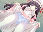  black_hair blue_panties blush crotch_seam enoki_hisagi futago_+_kango game_cg hat long_hair name_tag panties panties_under_pantyhose pantyhose purple_eyes saitou_tsukasa skirt skirt_lift solo underwear white_legwear 