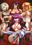  4girls bare_shoulders black_hair blonde_hair breasts cleavage dark_skin everyone facial_tattoo female green_hair group kagami kagami_hirotaka large_breasts legs_crossed lilith-soft lowres mask multiple_girls muscle oboro_(taimanin_asagi) power_lady purple_hair sitting smile taimanin_asagi tattoo villains 