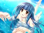  1girl blue_hair brother_and_sister brown_eyes game_cg happy_wardrobe long_hair male_hand ocean outdoors sea siblings sky swimming taboo 