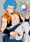  1boy abs arm_at_side belt blue_eyes blue_hair chest chuya_hukuaka dragon_ball dragon_ball_super_broly energy energy_ball fingernails frown gogeta grey_background highres holding looking_away male_focus pants polka_dot polka_dot_background short_hair simple_background spiked_hair stardust_breaker super_saiyan_blue waistcoat 