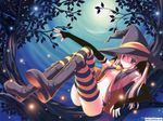  blonde_hair boots bow breasts brown_eyes cleavage elbow_gloves gloves halloween hat sitting striped striped_legwear striped_thighhighs thighhighs tree witch witch_hat 