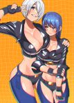  2girls akisu_k alternate_costume angel_(kof) angel_(kof)_(cosplay) blue_eyes blue_hair blush breasts chaps cleavage cosplay cropped_jacket fingerless_gloves gloves grid_background groin hair_over_one_eye hand_on_another&#039;s_shoulder holding_own_arm jacket kula_diamond large_breasts leather leather_jacket long_hair midriff multiple_girls orange_background short_hair the_king_of_fighters v white_hair 